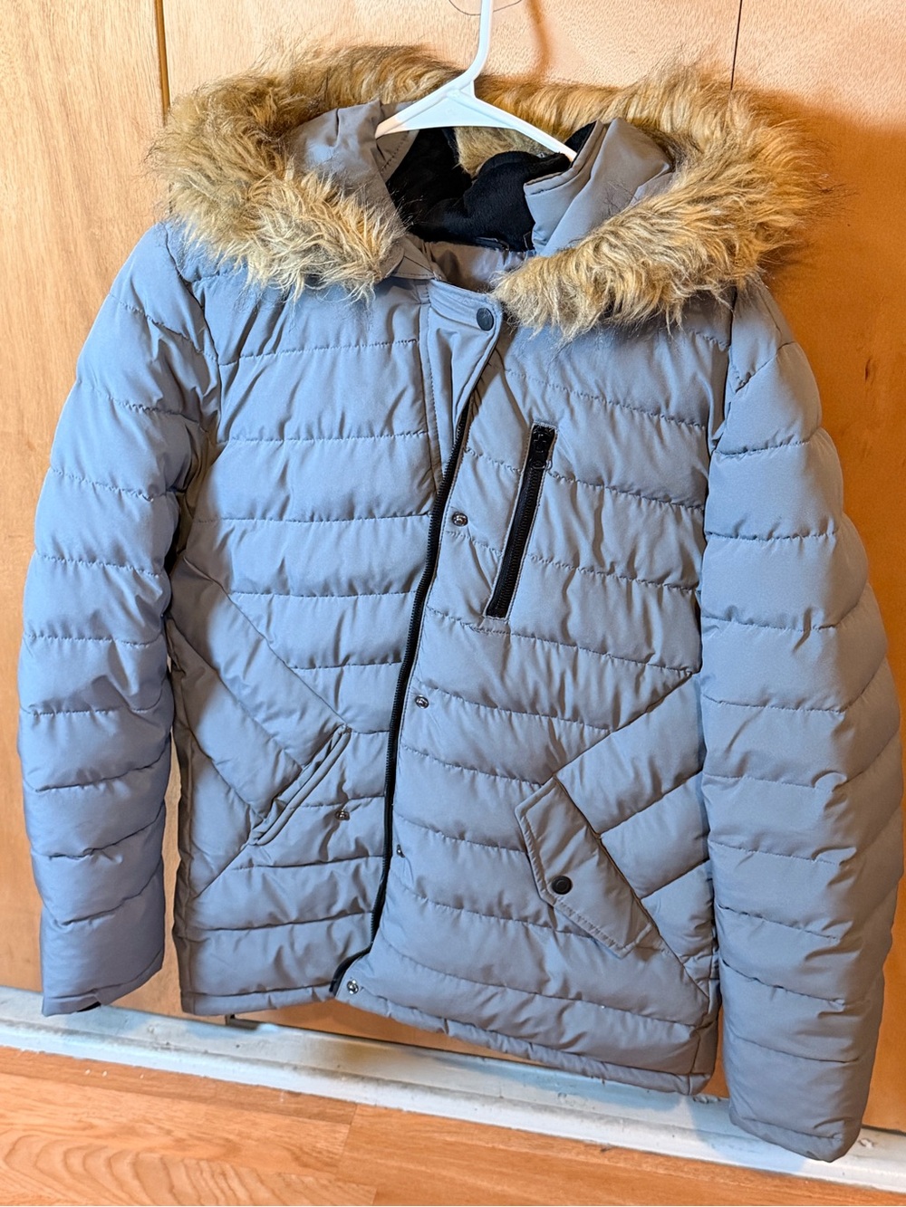 Kids Puffer Jacket with Faux Fur Hood - Light Gray